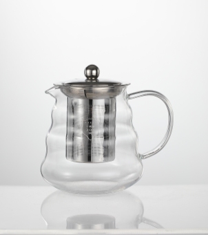 Borosilicate flower tea glass teapot with 304 stainless steel infuser, clear wavy body and amber handle for blooming flower tea brewing