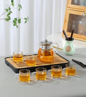 Wholesale glass teapot set supplier offering borosilicate glass teapots with stainless steel infusers and matching cups, clear heat‑resistant design for bulk tea set distribution