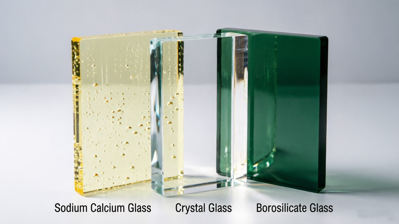 soda‑lime glass vs crystal glass vs borosilicate glass Samples of three different materials for making glassware.