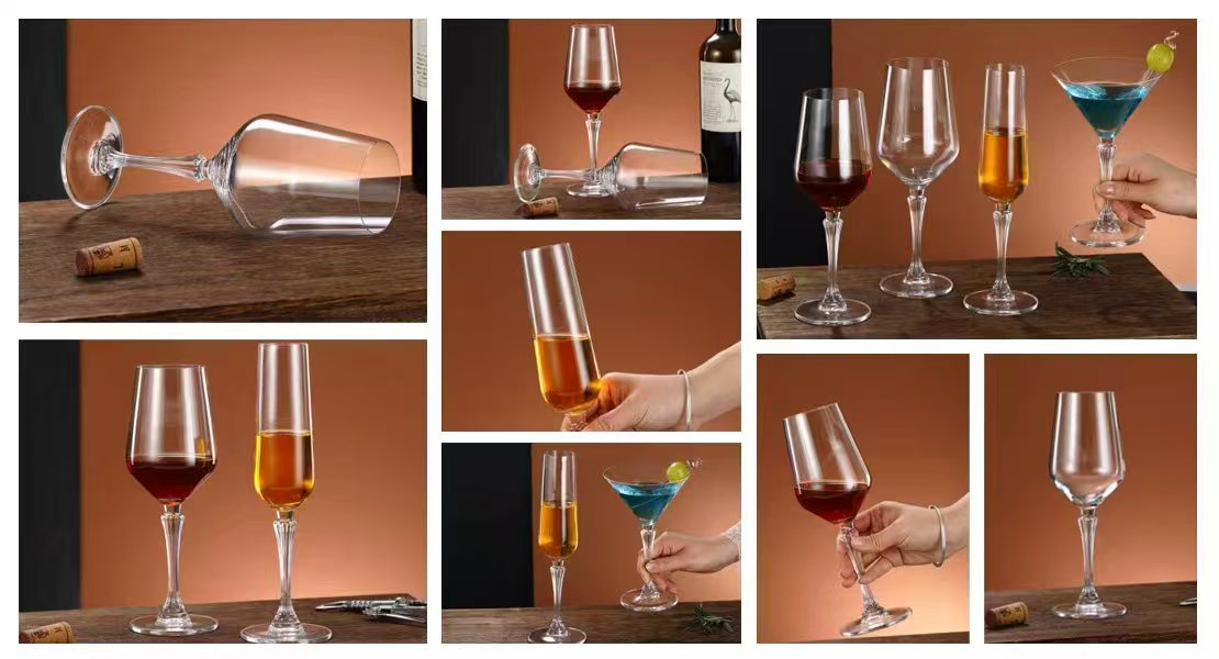 XINGHUO Glass 2026 Premium Crystal Stemware and Barware Collection A product collage of XINGHUO Glass 2026 crystal glassware collection, featuring elegant red wine glasses, champagne flutes, and martini cocktail glasses with textured multi-faceted stems on a wooden table.