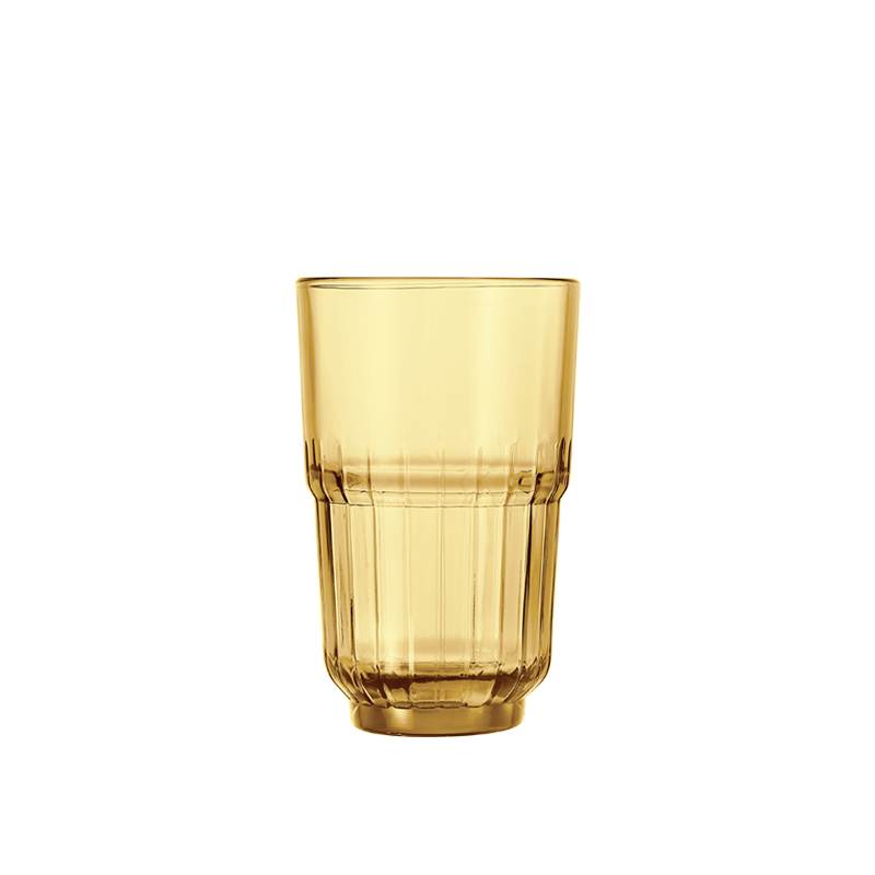 amber tinted textured glass tumbler standing upright for product display