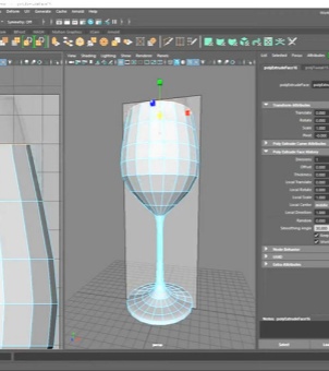 Screenshot of the Autodesk Maya 3D modeling software user interface. The center of the screen displays a white stemmed wine glass mesh model under construction, with a partial view on the left and the attribute editor panel on the right. The model features dense blue geometric lines and is currently in the polygon extrusion and shaping stage.