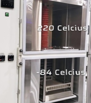 Xinghuo glass product thermal shock resistance testing furnace, which can test products within a temperature difference range of 220 degrees Celsius and -84 degrees Celsius.