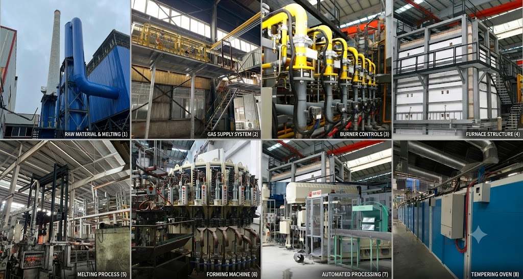 The panoramic view, composed of eight images of industrial production equipment, showcases the complete production line process, including raw material preparation, gas supply and control systems, industrial furnace structure, melting and processing, automated molding machinery, and annealing furnaces.