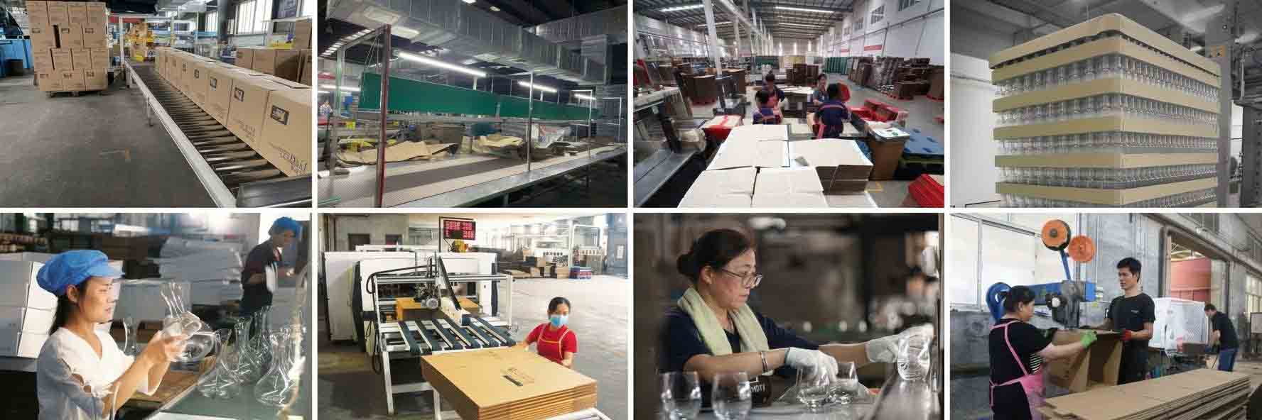 Xinghuo Glass Packaging Workshop & Production Line Overview Xinghuo Glass packaging workshop featuring automatic conveyor lines, glass decanter inspection, carton assembly, and stacked glass products ready for shipment