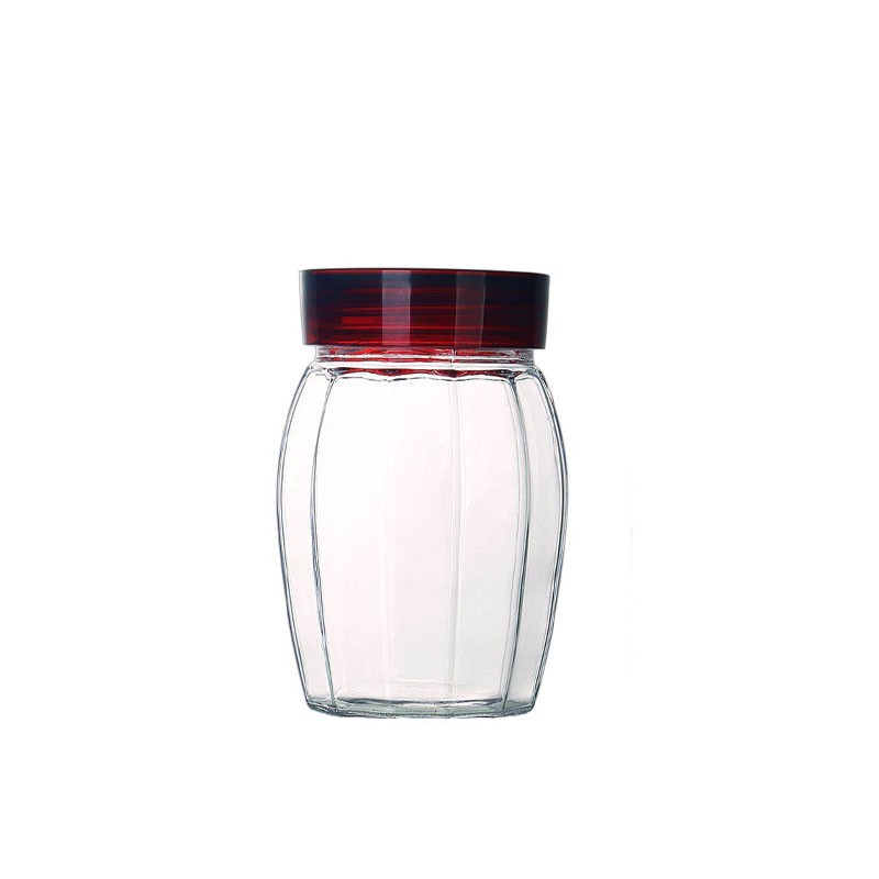 Xinghuo Glass vertically striped curved glass storage jar with a red sealing lid features a high-transparency, moisture-proof design, suitable for food packaging, dry goods storage, and supermarket retail purchasing.