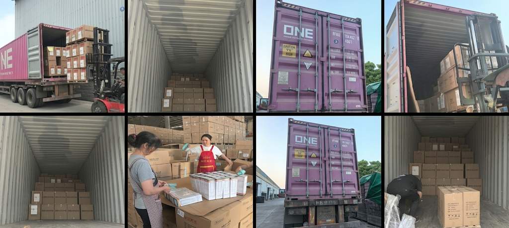 GIF of Xinghuo Logistics container loading and worker packing operations Eight collage images showcase the entire loading process of Xinghuo glass logistics containers, including a pink ONE container truck, forklifts handling goods, stacking of containers inside, and workers packing the goods.