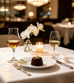 Tulip-shaped aroma glasses for serving spirits are paired with delicate desserts on the tables of fine restaurants.