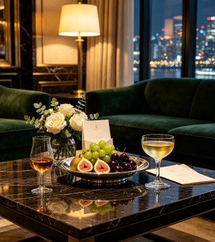 Whisky aroma glasses and welcome fruit platter on the coffee table in the luxury hotel suite