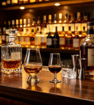 Whisky aroma glasses and a whisky decanter on a high-end bar's wooden counter.