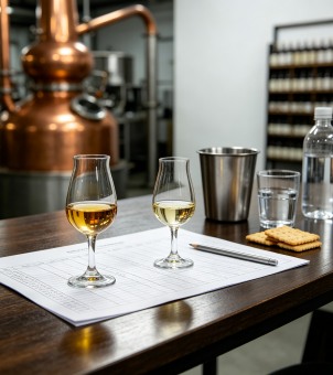 Tulip whisky aroma glasses and tasting score sheets on the distillery's professional tasting table