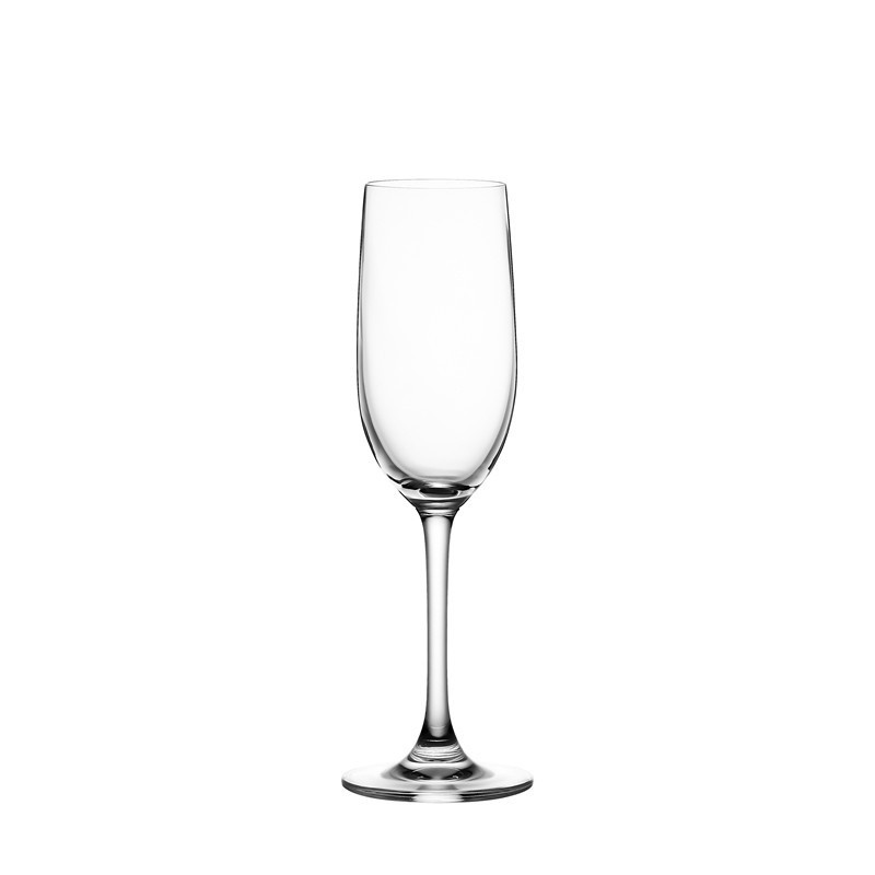 Clear crystal champagne flute-shaped stemmed glass, slender design, made of lead-free glass.