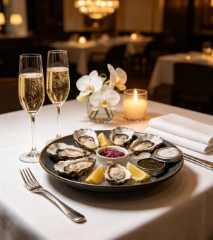 Oysters and Champagne Pairing at a Fine Dining Restaurant &ndash; Champagne Stem Glasses for a Romantic Dinner for Two