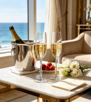 The ocean-view hotel suites feature champagne glasses, ice buckets, and fresh flowers as a welcoming touch.