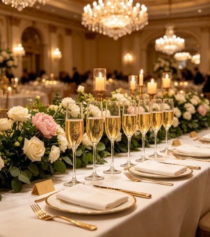 The lavish banquet table features neatly arranged champagne glasses and floral tableware.