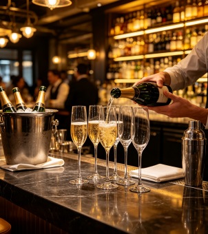The bartender pours champagne into tall flute glasses on the bar counter, with a bucket of chilled champagne placed next to it.