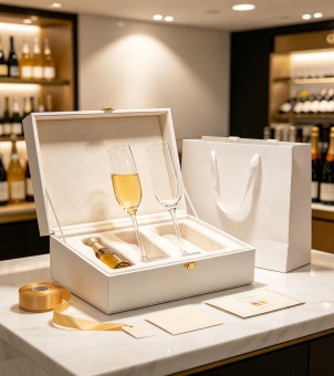 A beautiful white gift box set of champagne glasses, complete with a matching gift bag and ribbon.
