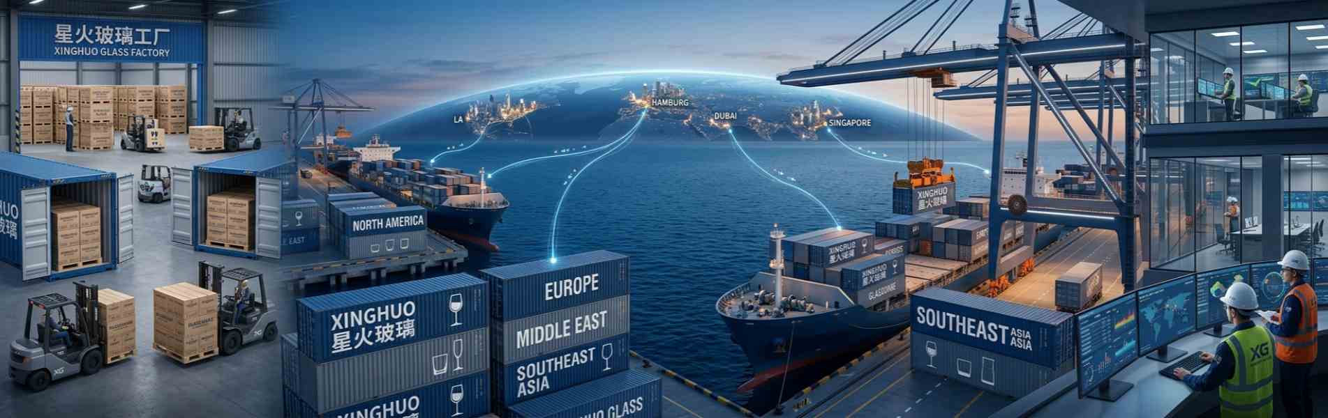 xinghuo-glass-global-supply-chain-banner Xinghuo Glass factory loading shipping containers and dispatching daily-use glassware globally via sea freight to North America, Europe, Middle East, and Southeast Asia.