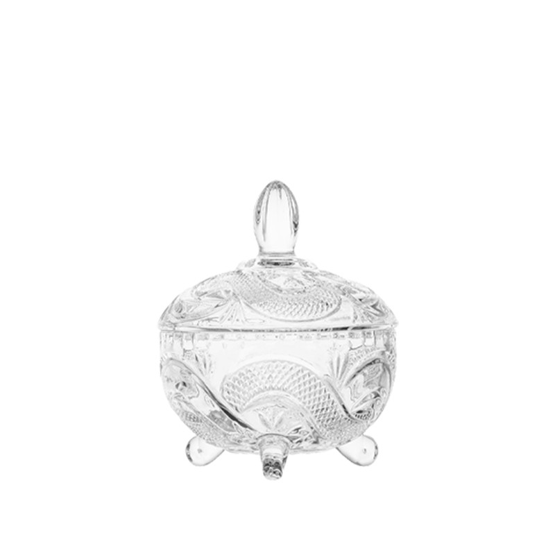 A vintage-style three-legged glass candy jar with a lid against a pure white background, suitable for B2B product catalogs.