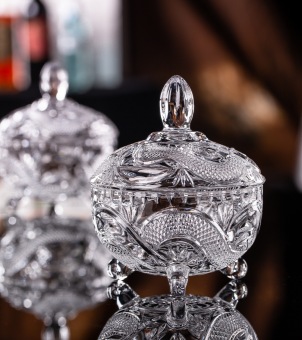 The main image features a retro three-legged crystal glass candy jar, showcasing exquisite three-dimensional embossed textures and light and shadow effects.