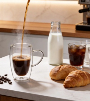 A breakfast scene depicting hot coffee being poured from a kitchen counter into a double-walled glass.
