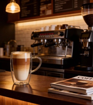 Double-walled glass cups with handles, used to serve layered lattes on the coffee shop counter.
