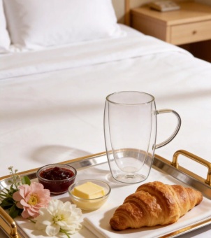 The breakfast experience is accompanied by a double-walled glass served on a tray against the backdrop of the hotel's king-size bed.