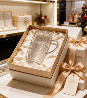 The beautifully packaged double-walled glass coffee cup comes with a gold ribbon and a gift tag.