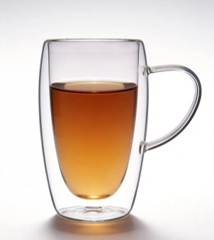 Standard display image of a double-walled glass cup with handles holding tea against a pure white background.