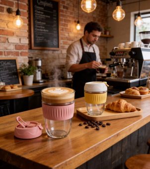 The coffee shop bar features Xinghuo Glasses with latte art, and a barista is making coffee in the background.