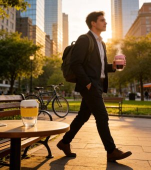 A businessman carries a Xinghuo Glass pink anti-scalding silicone-sleeved travel mug containing hot coffee on a city street.