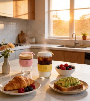 On the sunlit kitchen countertop sat a Xinghuo Glass containing coffee and a croissant for breakfast.