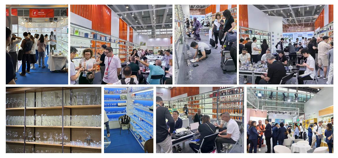 A jigsaw puzzle at the Xinghuo Glass exhibition, showing the team negotiating with international buyers and displaying exquisite glassware.
