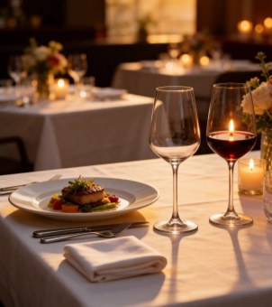 Xinghuo Glass crystal wine glasses and candlelight dishes set on the table in a high-end Western restaurant