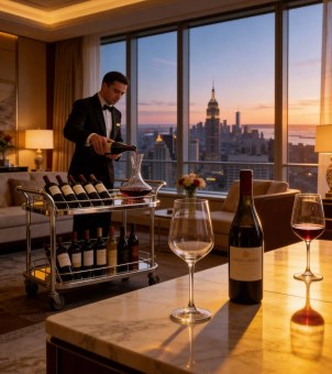 Sommeliers use Xinghuo Glass crystal glassware to pour wine for guests in luxury hotel rooms.
