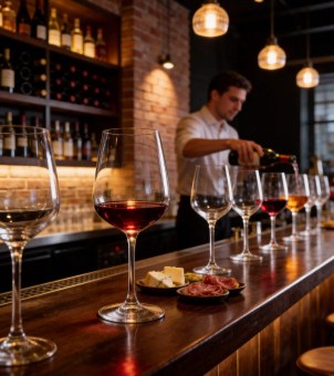 Xinghuo Glass crystal wine glasses are neatly arranged on the bar's wooden countertop.