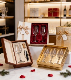 Neatly arranged Xinghuo Glass crystal wine glass gift set and customized packaging display