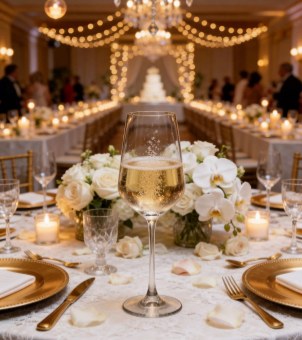 Xinghuo Glass crystal champagne glasses and white floral decorations are placed on the wedding banquet table.