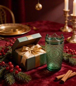 Xinghuo Glass's dark green crown-capped glass and ribbon gift box are placed on a deep red velvet table, creating a festive Christmas atmosphere.