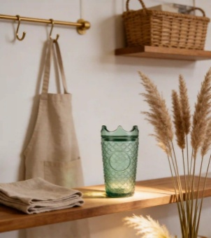 Xinghuo Glass: Green fish-scale patterned glassware sits on a wooden shelf, next to hay and a linen apron.