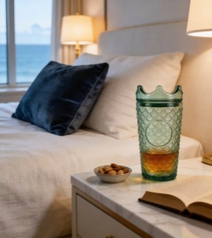 A dark green crown-capped Xinghuo Glass, containing a beverage, sits on the bedside table in a sea-view room, against a backdrop of white bedding and a sea-view window.