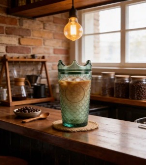 A dark green fish-scale patterned glass from Xinghuo Glass holds an iced latte, sitting serenely on a vintage coffee shop's wooden bar counter.