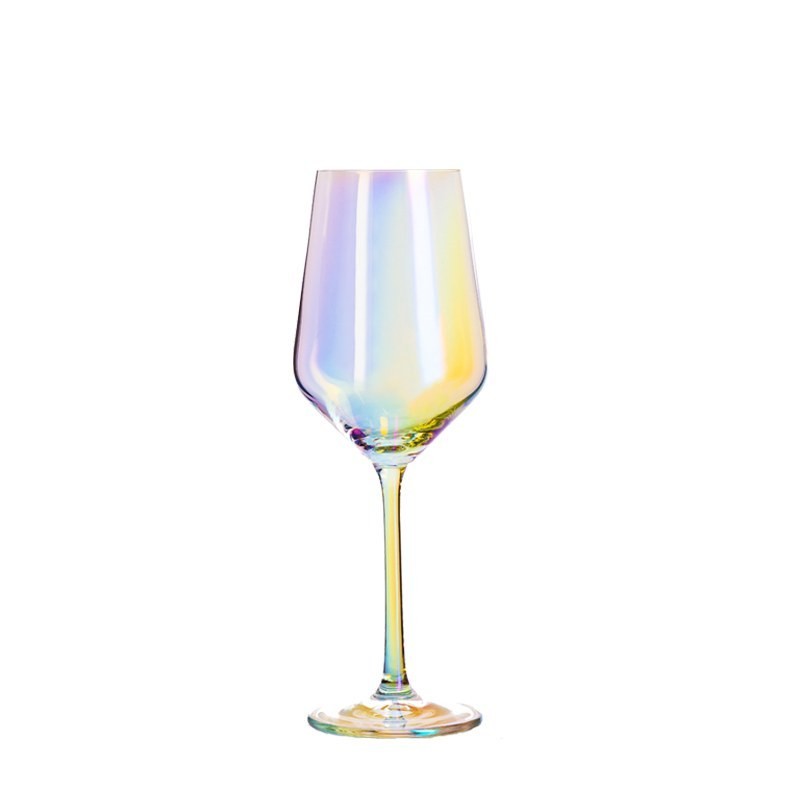 The Xinghuo Glass iridescent crystal wine glass is displayed independently against a pure white background, its body shimmering with a soft rainbow sheen.