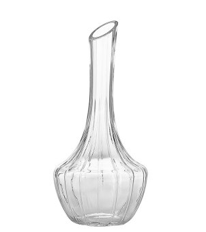 Xinghuo Glass, a transparent crystal decanter with a vertically textured surface and a slanted rim, stands in the center against a pure white background.