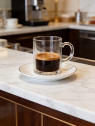 Xinghuo borosilicate espresso mug at hotel breakfast counter