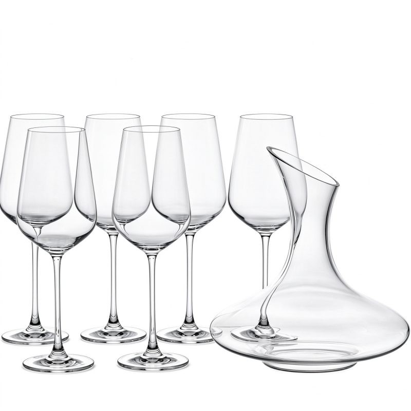 Xinghuo glass crystal decanter and six stemmed red wine glasses, seven-piece set, white background.