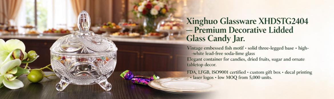 Xinghuo glass, decorative embossed fish glass candy jar, banner display image