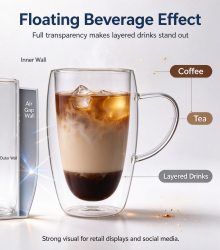 XHGPZB450 clear double-wall glass showing floating beverage effect
