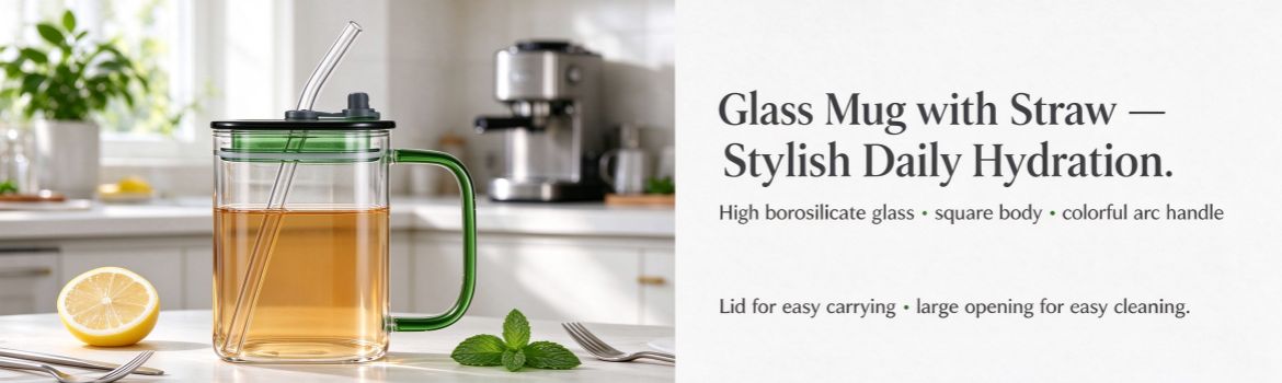 306ml borosilicate square glass cup with handle, lid and straw - XHGPZB306