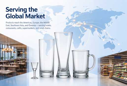 Map showing XINGHUO glassware export markets across the Americas, Europe, the Middle East, Southeast Asia, and Oceania